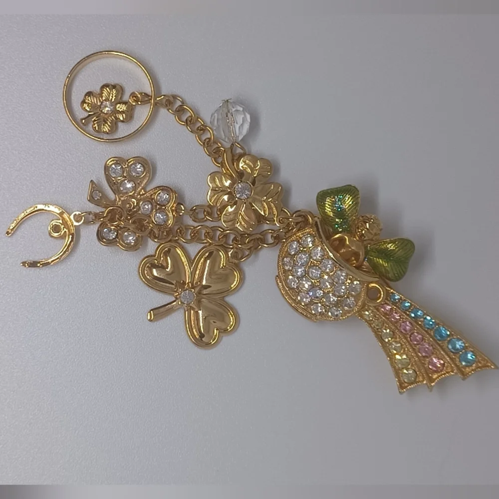 Vintage Kirks Folly Rainbow Clover Lucky Pot Of Gold Dangle Rhinestone Brooch